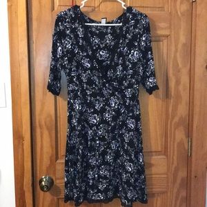 Mid Length Sleeve Black with Purple Flowers Dress